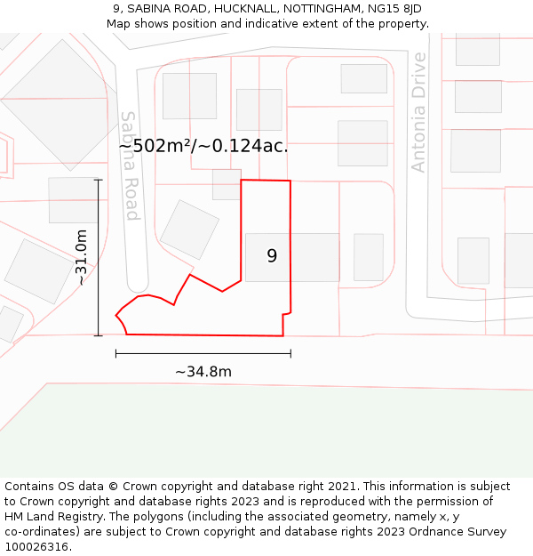 9, SABINA ROAD, HUCKNALL, NOTTINGHAM, NG15 8JD: Plot and title map