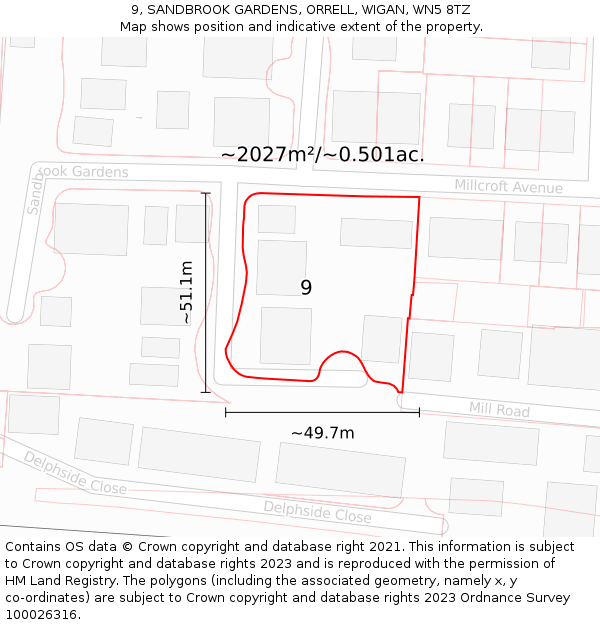 9, SANDBROOK GARDENS, ORRELL, WIGAN, WN5 8TZ: Plot and title map