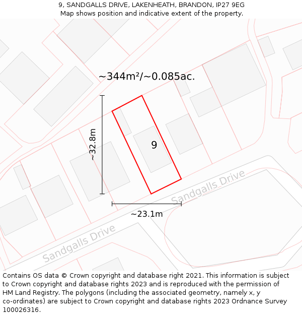 9, SANDGALLS DRIVE, LAKENHEATH, BRANDON, IP27 9EG: Plot and title map