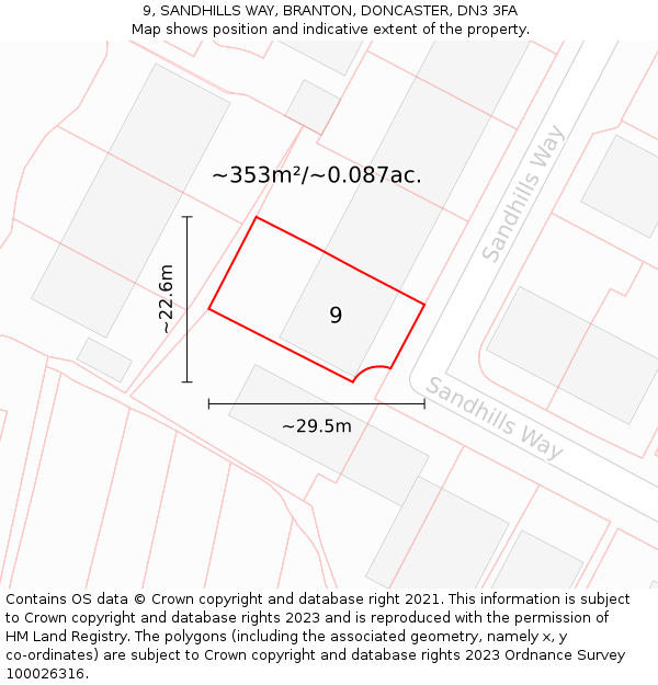 9, SANDHILLS WAY, BRANTON, DONCASTER, DN3 3FA: Plot and title map