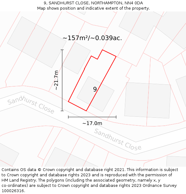 9, SANDHURST CLOSE, NORTHAMPTON, NN4 0DA: Plot and title map