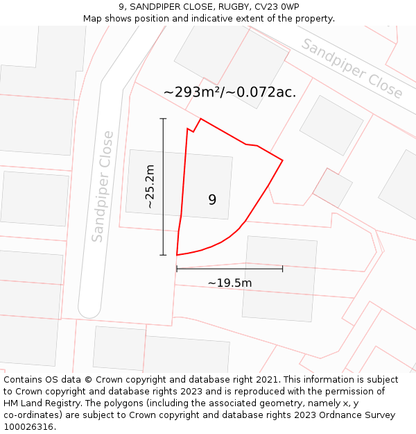 9, SANDPIPER CLOSE, RUGBY, CV23 0WP: Plot and title map