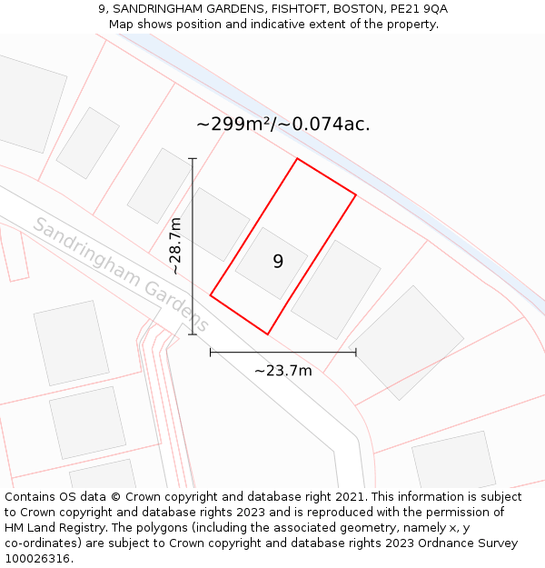 9, SANDRINGHAM GARDENS, FISHTOFT, BOSTON, PE21 9QA: Plot and title map