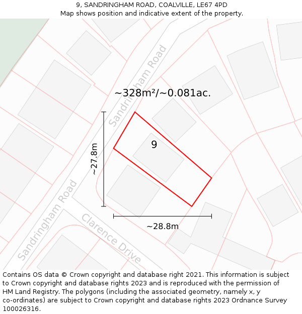 9, SANDRINGHAM ROAD, COALVILLE, LE67 4PD: Plot and title map
