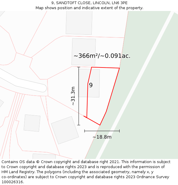 9, SANDTOFT CLOSE, LINCOLN, LN6 3PE: Plot and title map