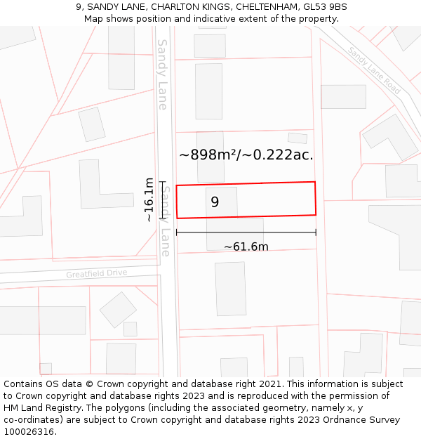 9, SANDY LANE, CHARLTON KINGS, CHELTENHAM, GL53 9BS: Plot and title map