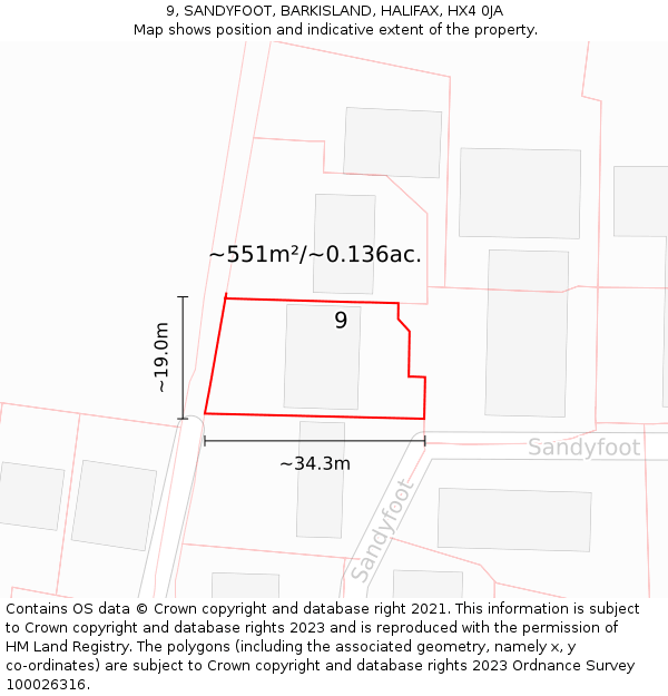 9, SANDYFOOT, BARKISLAND, HALIFAX, HX4 0JA: Plot and title map