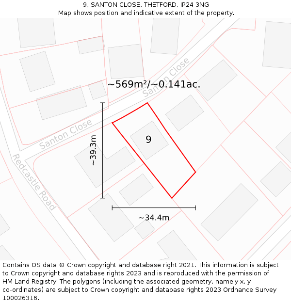 9, SANTON CLOSE, THETFORD, IP24 3NG: Plot and title map