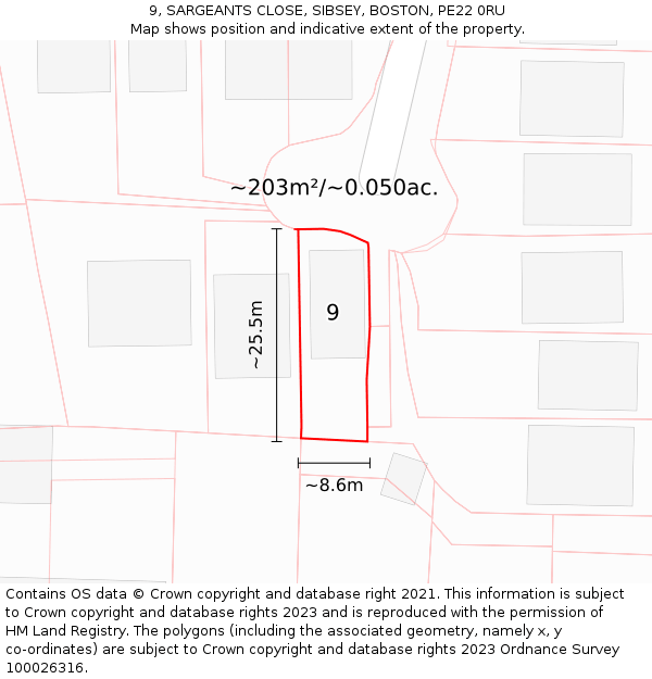 9, SARGEANTS CLOSE, SIBSEY, BOSTON, PE22 0RU: Plot and title map