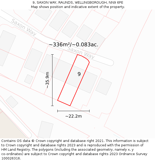 9, SAXON WAY, RAUNDS, WELLINGBOROUGH, NN9 6PE: Plot and title map