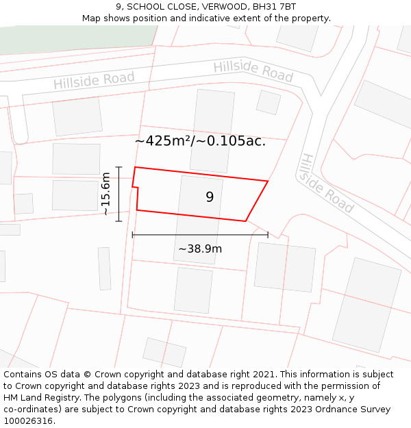 9, SCHOOL CLOSE, VERWOOD, BH31 7BT: Plot and title map