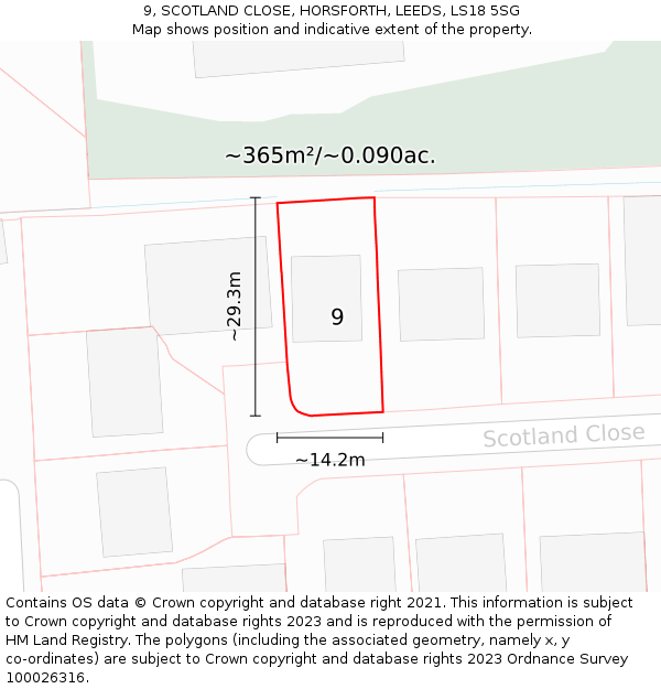 9, SCOTLAND CLOSE, HORSFORTH, LEEDS, LS18 5SG: Plot and title map