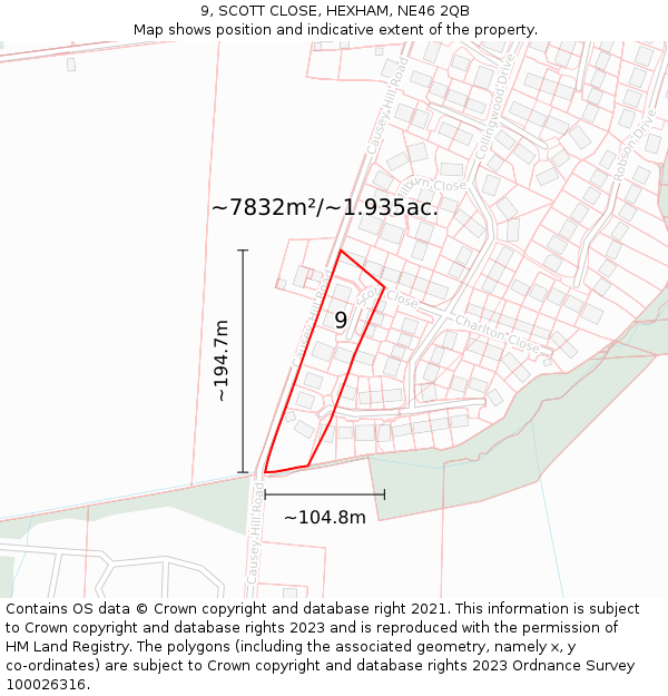 9, SCOTT CLOSE, HEXHAM, NE46 2QB: Plot and title map