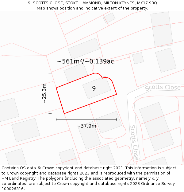 9, SCOTTS CLOSE, STOKE HAMMOND, MILTON KEYNES, MK17 9RQ: Plot and title map