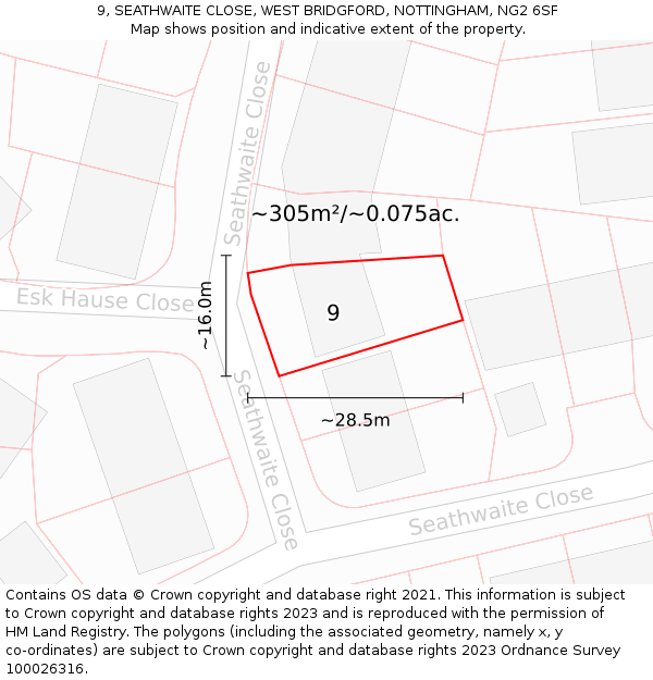 9, SEATHWAITE CLOSE, WEST BRIDGFORD, NOTTINGHAM, NG2 6SF: Plot and title map