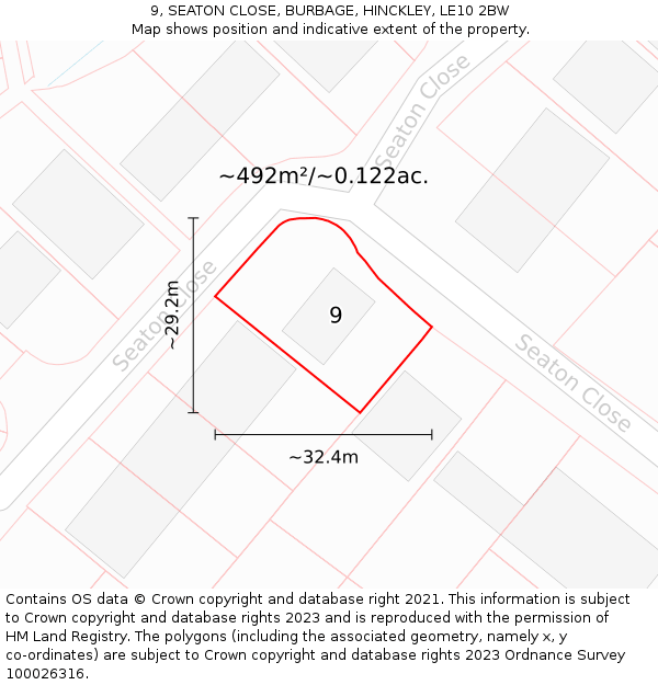 9, SEATON CLOSE, BURBAGE, HINCKLEY, LE10 2BW: Plot and title map