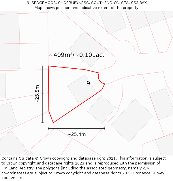 9, SEDGEMOOR, SHOEBURYNESS, SOUTHEND-ON-SEA, SS3 8AX: Plot and title map