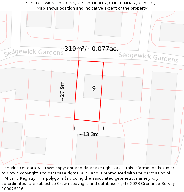 9, SEDGEWICK GARDENS, UP HATHERLEY, CHELTENHAM, GL51 3QD: Plot and title map