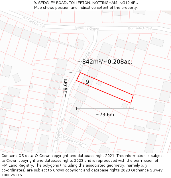 9, SEDGLEY ROAD, TOLLERTON, NOTTINGHAM, NG12 4EU: Plot and title map