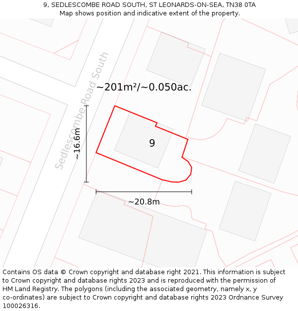 9, SEDLESCOMBE ROAD SOUTH, ST LEONARDS-ON-SEA, TN38 0TA: Plot and title map