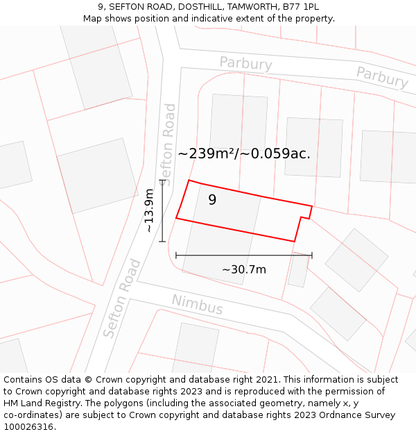 9, SEFTON ROAD, DOSTHILL, TAMWORTH, B77 1PL: Plot and title map