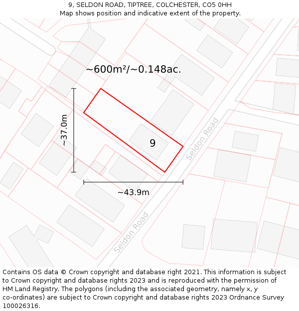 9, SELDON ROAD, TIPTREE, COLCHESTER, CO5 0HH: Plot and title map
