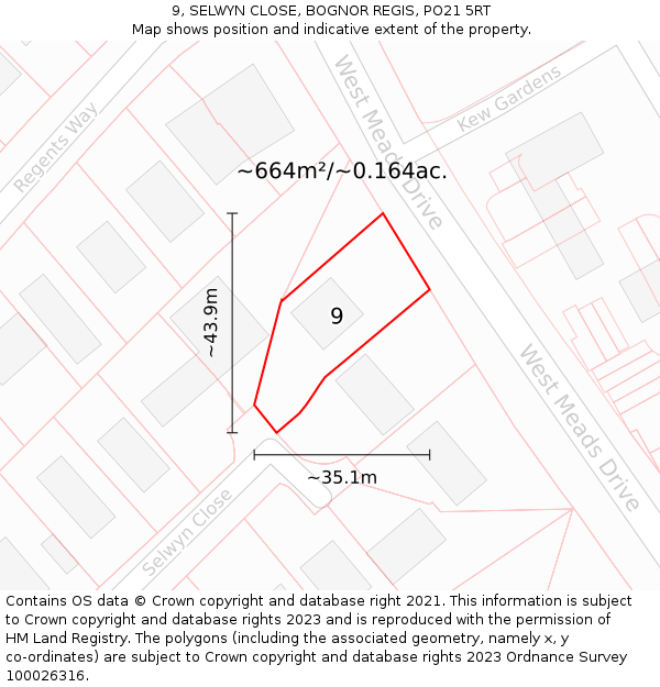 9, SELWYN CLOSE, BOGNOR REGIS, PO21 5RT: Plot and title map