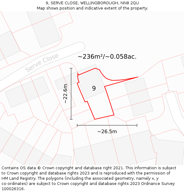 9, SERVE CLOSE, WELLINGBOROUGH, NN8 2QU: Plot and title map