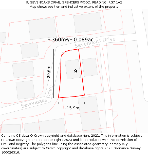 9, SEVENOAKS DRIVE, SPENCERS WOOD, READING, RG7 1AZ: Plot and title map