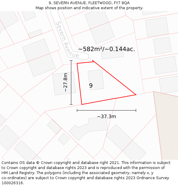 9, SEVERN AVENUE, FLEETWOOD, FY7 8QA: Plot and title map