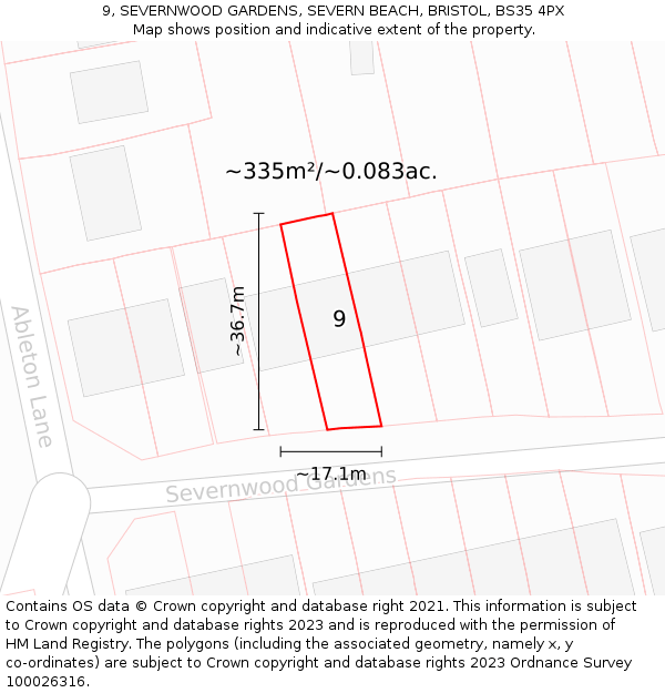 9, SEVERNWOOD GARDENS, SEVERN BEACH, BRISTOL, BS35 4PX: Plot and title map