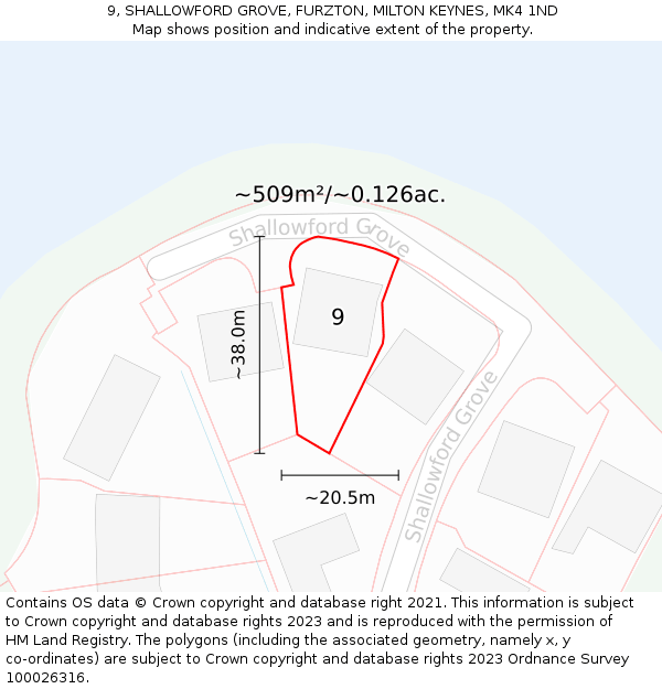 9, SHALLOWFORD GROVE, FURZTON, MILTON KEYNES, MK4 1ND: Plot and title map