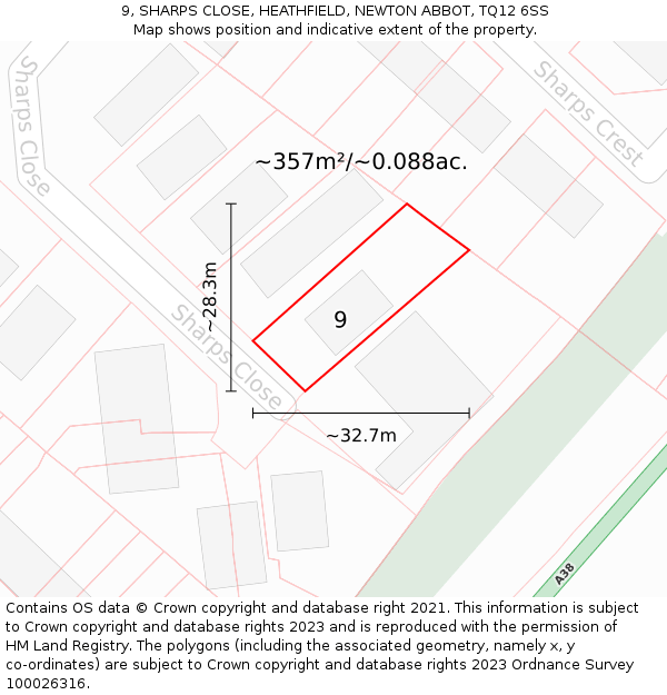 9, SHARPS CLOSE, HEATHFIELD, NEWTON ABBOT, TQ12 6SS: Plot and title map