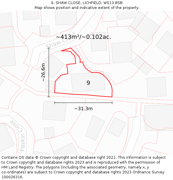 9, SHAW CLOSE, LICHFIELD, WS13 8SB: Plot and title map