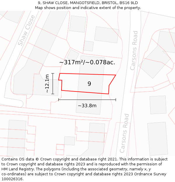 9, SHAW CLOSE, MANGOTSFIELD, BRISTOL, BS16 9LD: Plot and title map