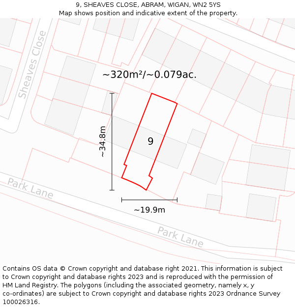 9, SHEAVES CLOSE, ABRAM, WIGAN, WN2 5YS: Plot and title map