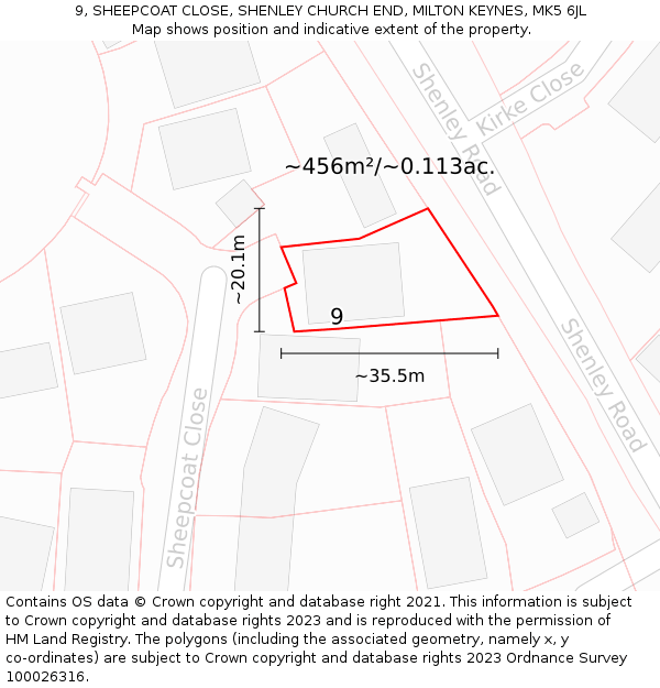 9, SHEEPCOAT CLOSE, SHENLEY CHURCH END, MILTON KEYNES, MK5 6JL: Plot and title map