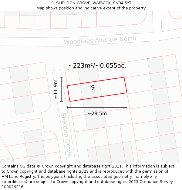 9, SHELDON GROVE, WARWICK, CV34 5YT: Plot and title map