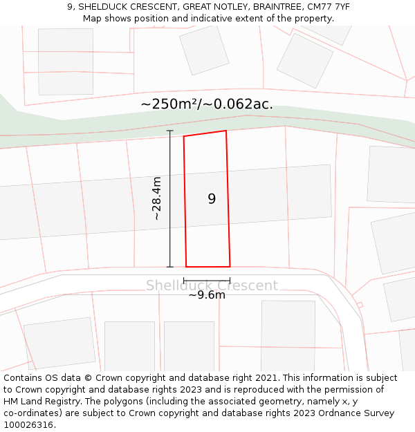 9, SHELDUCK CRESCENT, GREAT NOTLEY, BRAINTREE, CM77 7YF: Plot and title map