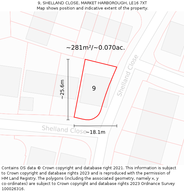 9, SHELLAND CLOSE, MARKET HARBOROUGH, LE16 7XT: Plot and title map