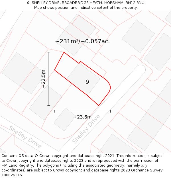 9, SHELLEY DRIVE, BROADBRIDGE HEATH, HORSHAM, RH12 3NU: Plot and title map