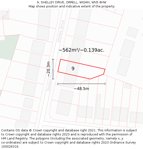 9, SHELLEY DRIVE, ORRELL, WIGAN, WN5 8HW: Plot and title map