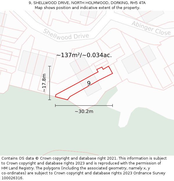 9, SHELLWOOD DRIVE, NORTH HOLMWOOD, DORKING, RH5 4TA: Plot and title map