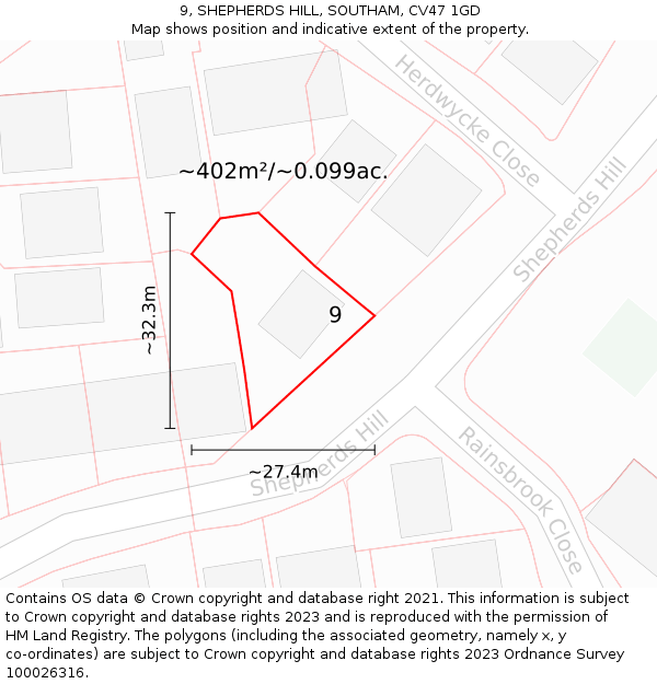 9, SHEPHERDS HILL, SOUTHAM, CV47 1GD: Plot and title map