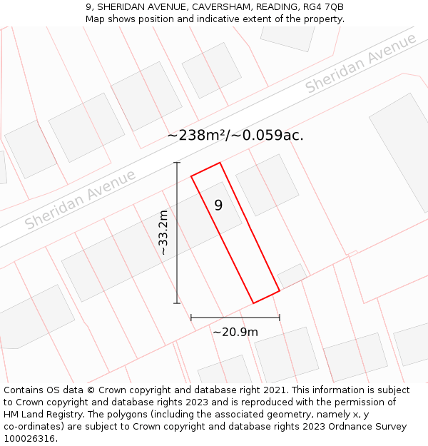 9, SHERIDAN AVENUE, CAVERSHAM, READING, RG4 7QB: Plot and title map