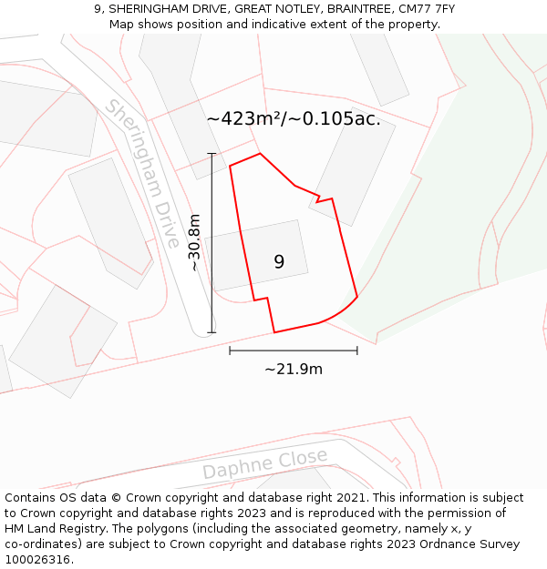 9, SHERINGHAM DRIVE, GREAT NOTLEY, BRAINTREE, CM77 7FY: Plot and title map
