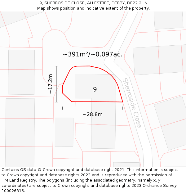 9, SHERROSIDE CLOSE, ALLESTREE, DERBY, DE22 2HN: Plot and title map