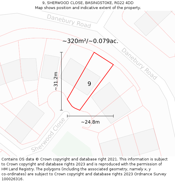 9, SHERWOOD CLOSE, BASINGSTOKE, RG22 4DD: Plot and title map