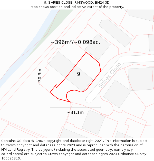 9, SHIRES CLOSE, RINGWOOD, BH24 3DJ: Plot and title map