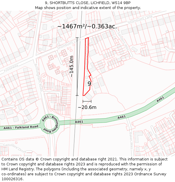 9, SHORTBUTTS CLOSE, LICHFIELD, WS14 9BP: Plot and title map